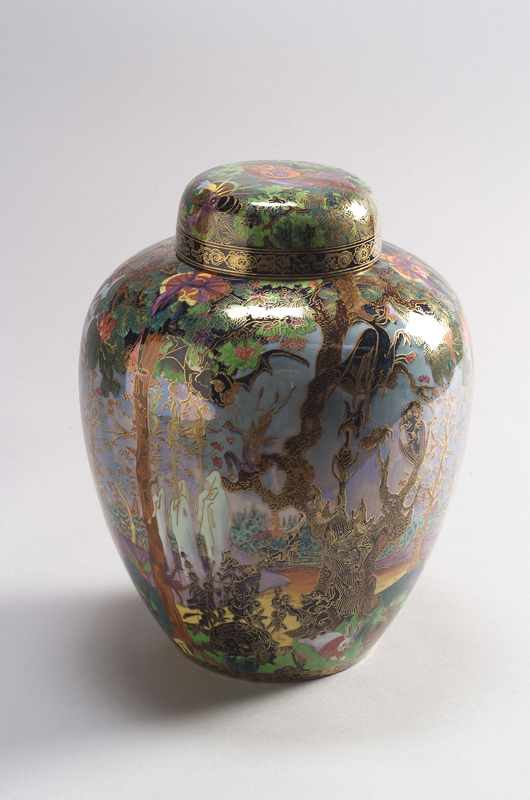 Important lots of Fairyland Lustre were part of Skinner’s sale of the Zeitlin Collection of English Ceramics in September 2006. This covered Malfrey Pot, featuring eerie Ghostly Wood decoration with a pale blue sky, sold for an impressive $55,225. Image courtesy of Skinner Inc.